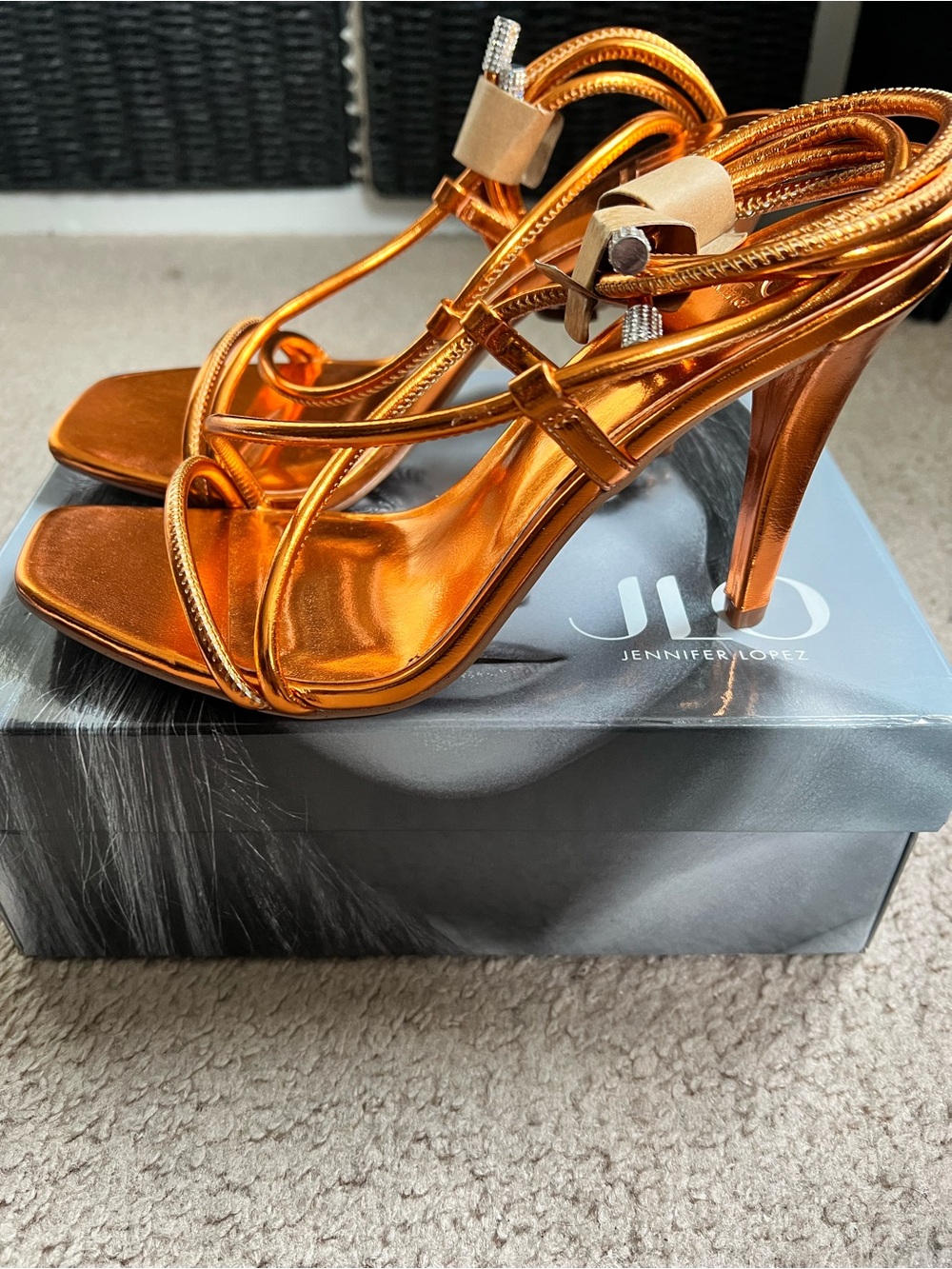 Jennifer Lopez Metallic Copper Orange Strappy High Heel Sandals